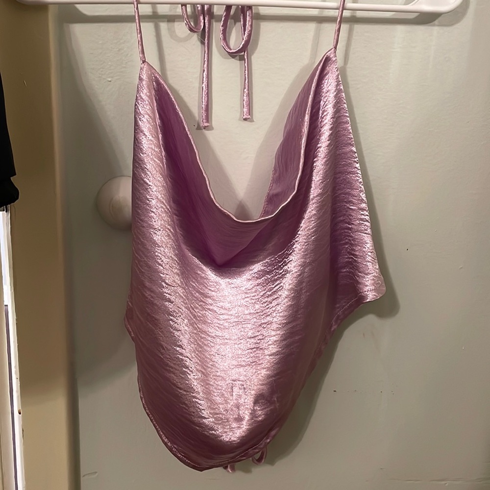 Purple satin cowl neck top with open back